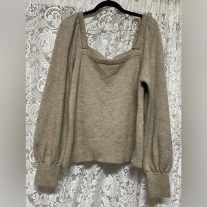 Anthropologie Beige Square Neck Balloon Puff Sleeve Sweater